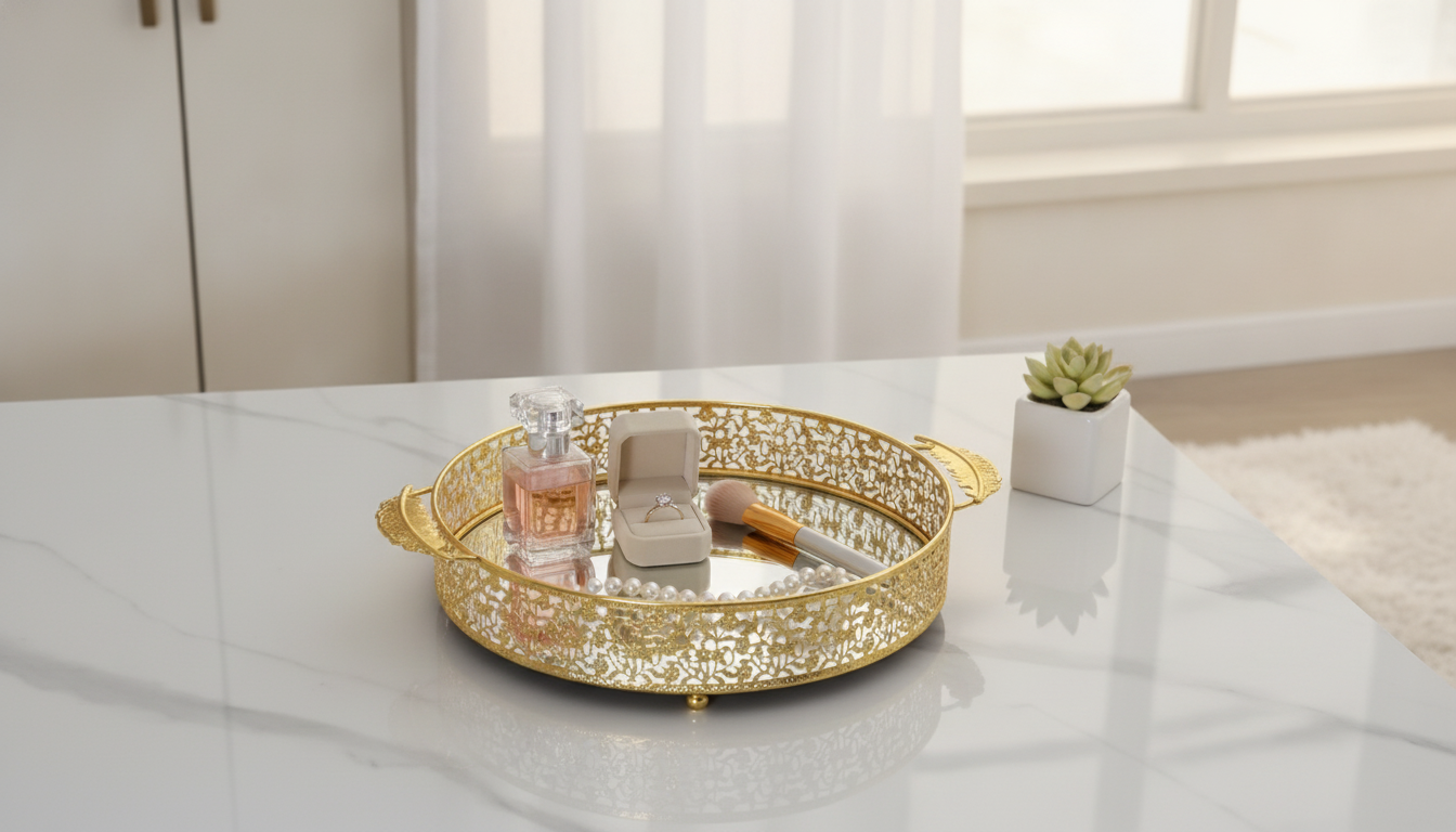 Gold Metal Mirror Tray for Vanity, Bar & Entryway