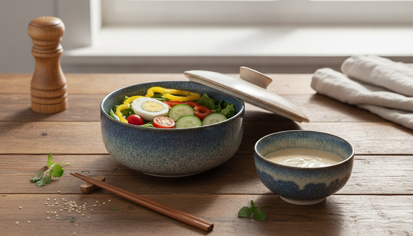 Japanese-Style Ceramic Salad Bowl with Lid for Fresh Prep
