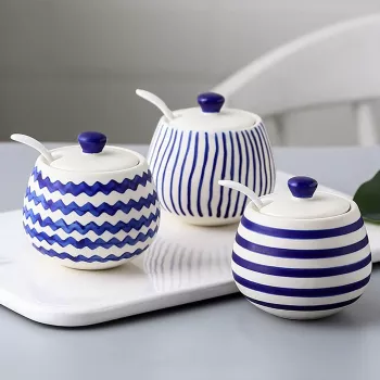 Striped Ceramic Seasoning Jar with Spoon for Easy Pinches